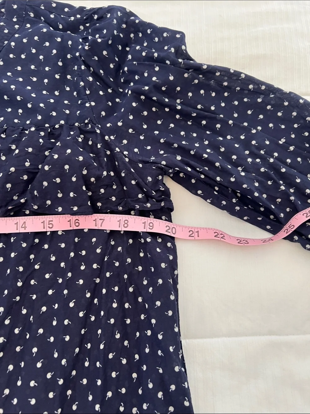 J. Crew Navy Blue Ruffle Front Blouse with White Cherry Print- slightly sheer - Picture 7 of 8